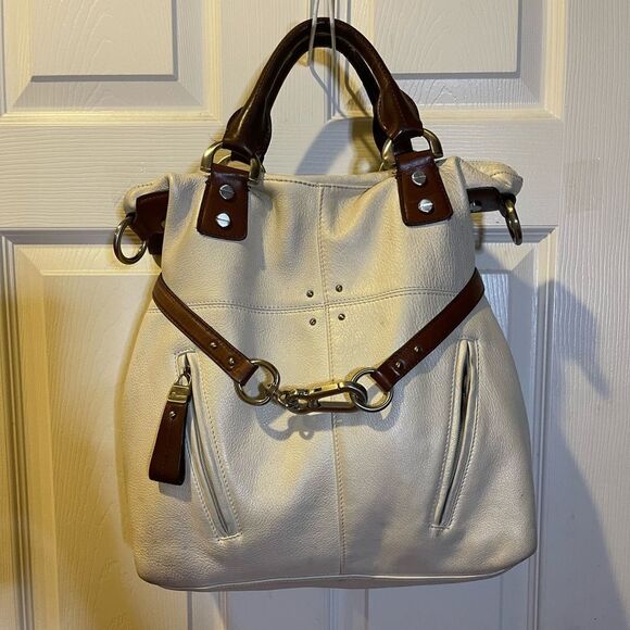 Handbags - B Makowsky Cream and Brown Leather large Satchel silver tone hardwares.